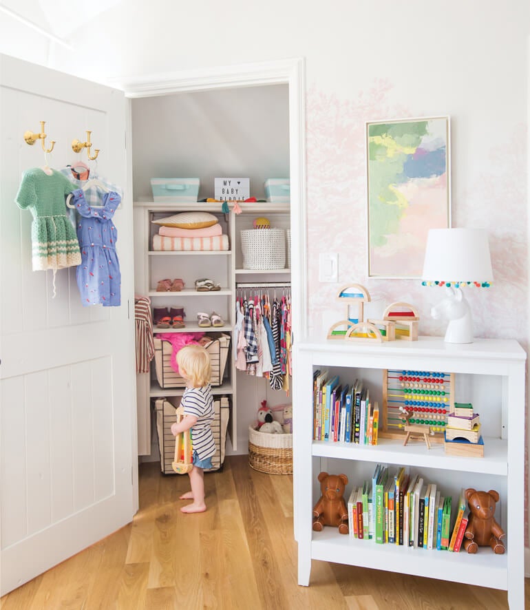 Children's closet space with toys and books