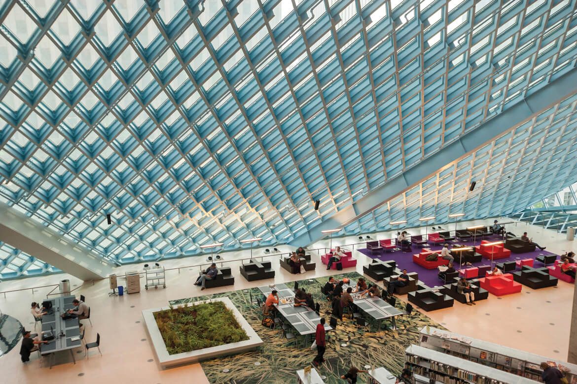 Interior of the Seattle Public Library work and reading spaces