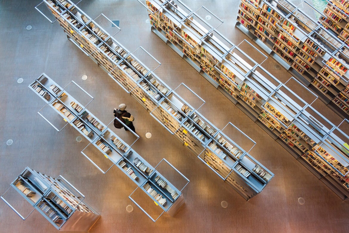 Aerial photo of book shelves at the Seattle Public Library