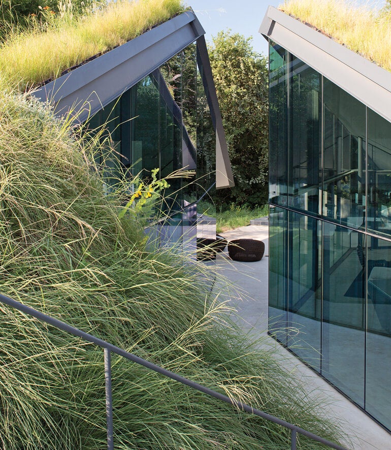 Groundbreaking Architecture with Green Roof and Glass Spaces