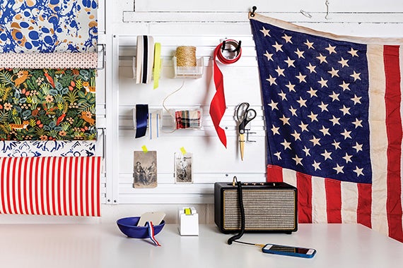 Basement Work Space With American Flag and Antique Radio