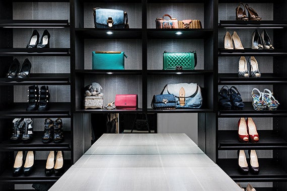 Lighted Closet Space in Black Finish with Purses and Shoes