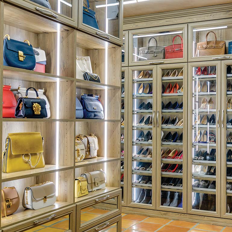 Large Lighted Closet with Shoe Storage and Purse Storage