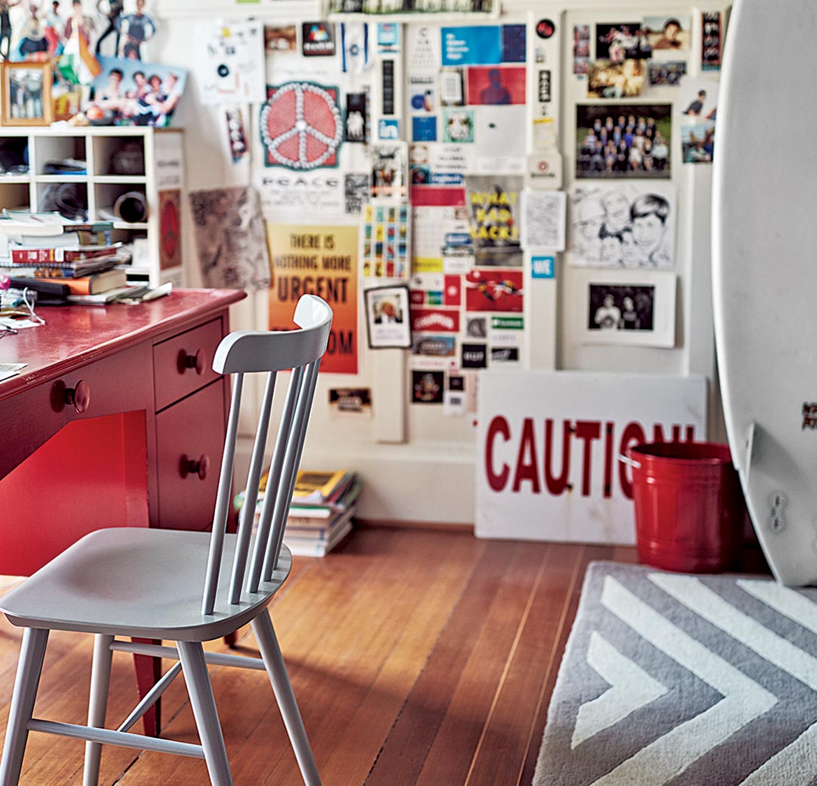 White chair with red desk in kids room