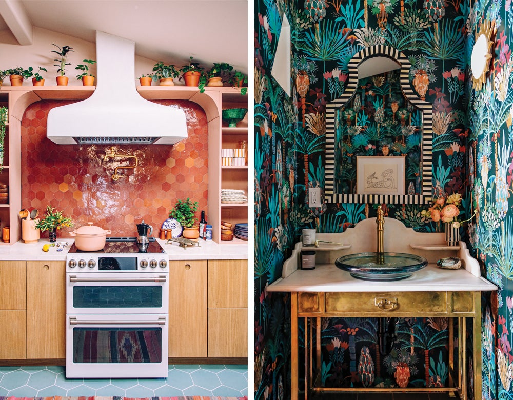 Kitchen shelving for indoor garden and a powder room with jungle-inspiried wallpaper by Justina Blakeney