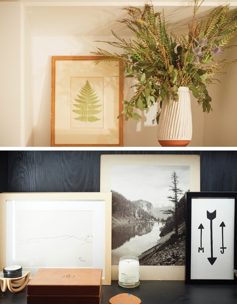 Walk in closet in light wood finish close up details of botanical print and photography by California Closets