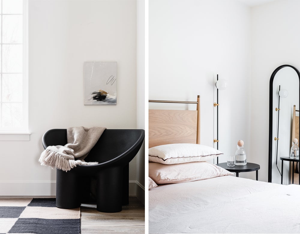 A small space turned bedroom in bright white finishes with wood grain accents