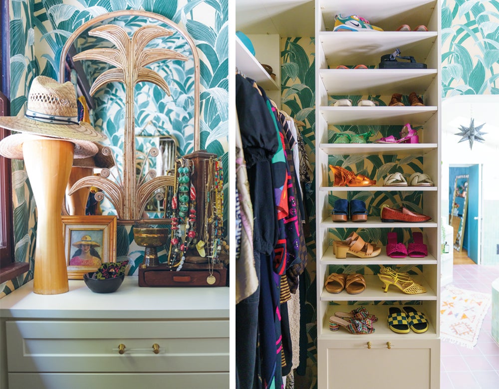 Shoe storage in wood grain finish with Justina Blakeney wallpaper and custom hanging clothes by California Closets